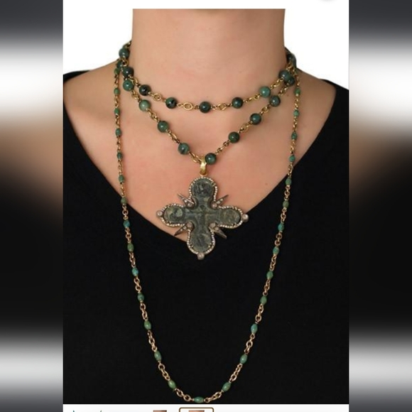 Solid 14k gold turquoise cable link chain station necklace 25" Italy vtg chain - Picture 10 of 11